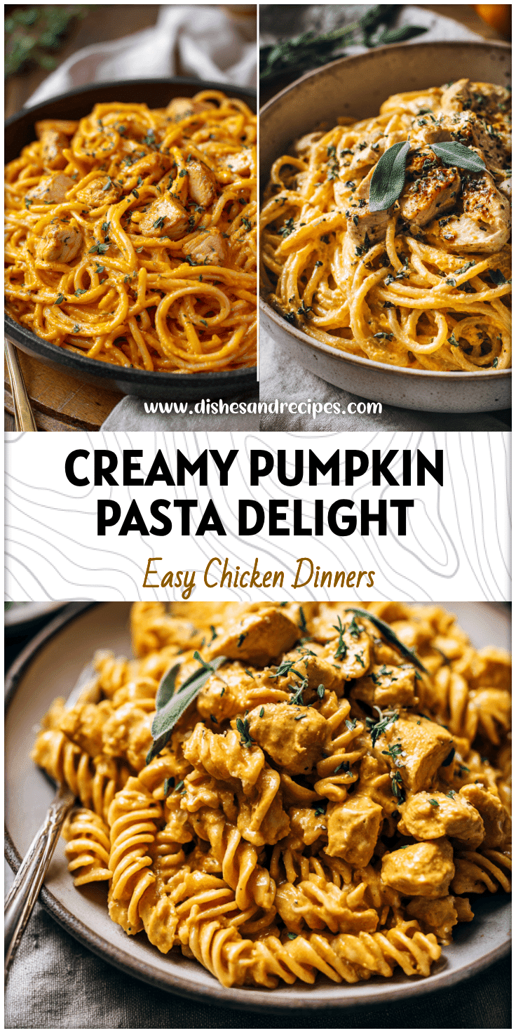Bowl of creamy pumpkin chicken pasta garnished with herbs in a cozy fall setting using pumpkin puree.